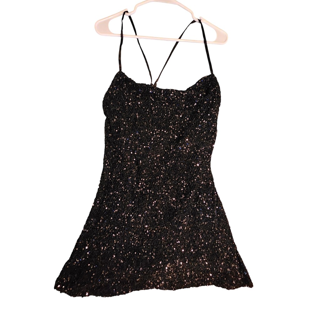Black Sequin‎ Mini Dress Spaghetti Strap Criss Cross Back Party Club XL